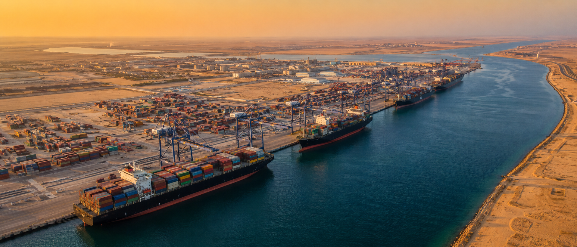 Suez Canal Economic Zone — container ships docked along the canal at golden hour